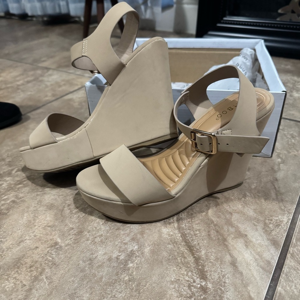 BAMBOO Tan Wedge Sandals with Ankle Strap